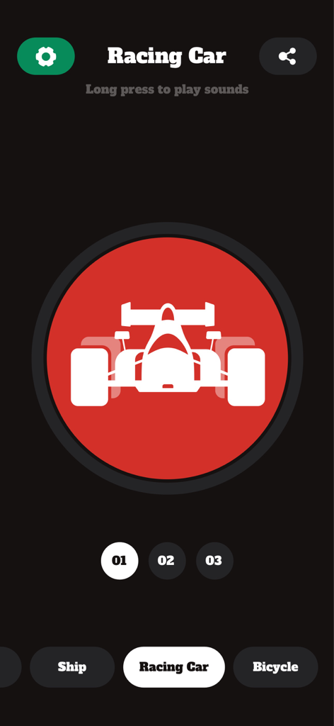 Horn Sounds - Car Horn & Siren - Horn Sounds app racing car sound effect interface with a red formula one car icon