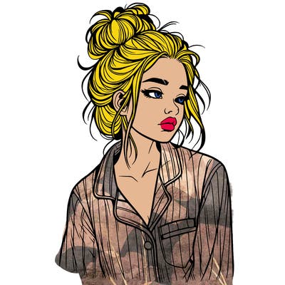 realistic woman with pajamas on and a messy bun