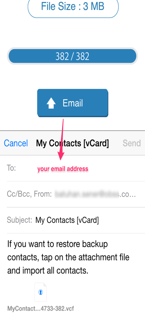 App interface showing the process of emailing a vCard contact backup file