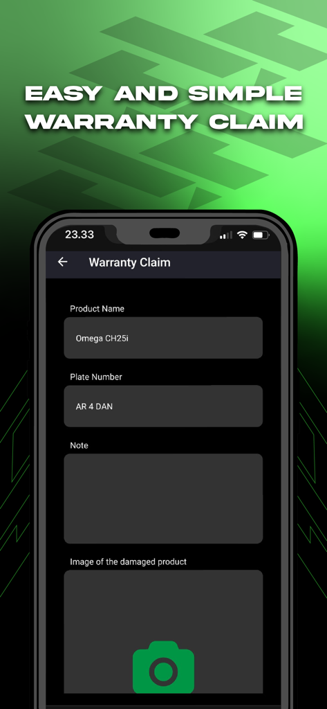 CLAN Automotive - Captura de pantalla de la interfaz de reclamación de garantía de la aplicación CLAN Automotive con campos para el nombre del producto y la carga de fotos
