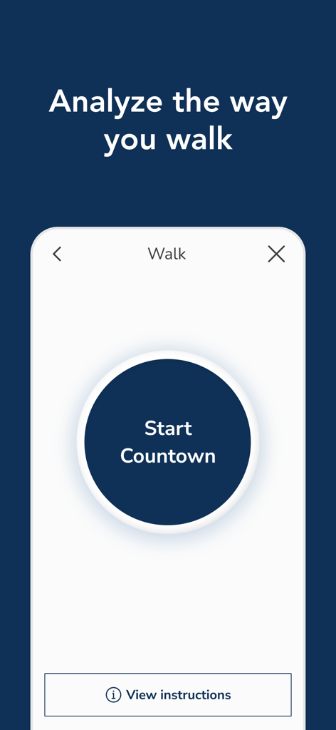 Physical Therapy by OneStep - Interface of the OneStep app showing the start screen for a gait analysis with a button to start the countdown.