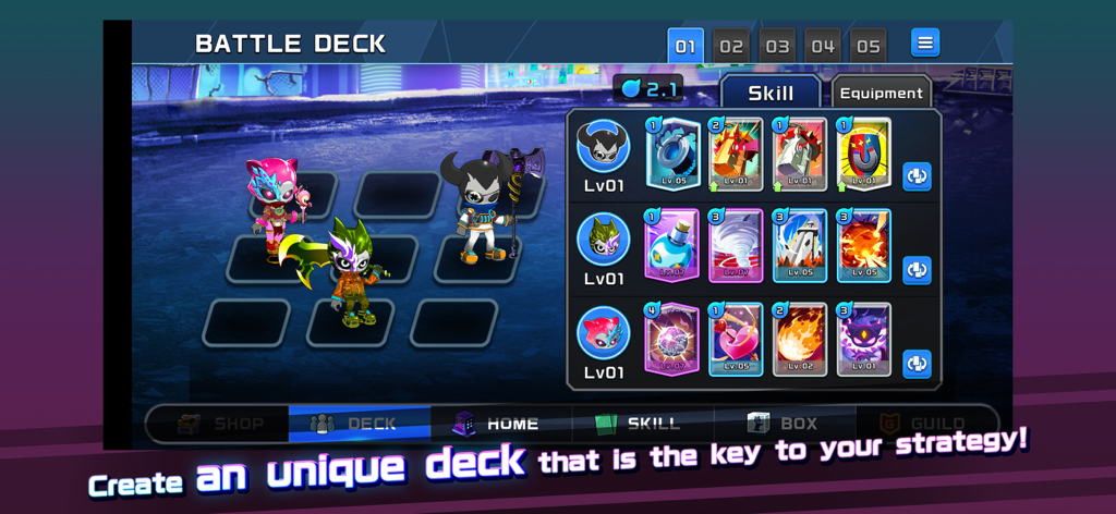PROJECT_XENO - PROJECT XENO battle deck customization screen featuring character selection and skill cards