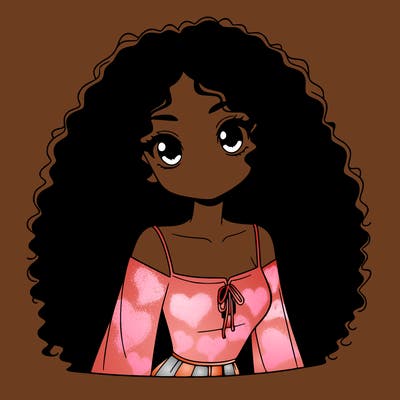 a black anime girl with long afro hair
