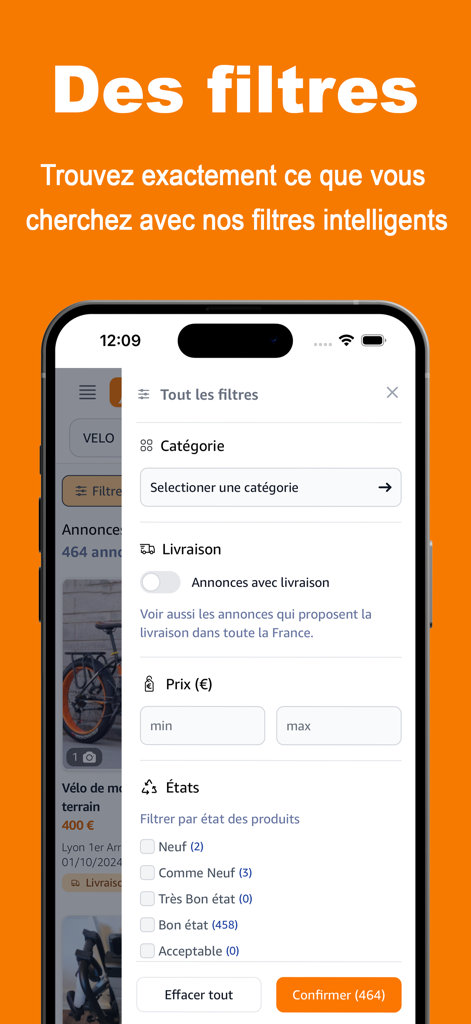 Una pantalla de aplicación móvil que muestra filtros de búsqueda avanzados para el mercado de anuncios clasificados de Anuncios en Francia, incluido el rango de precios y la condición del artículo.