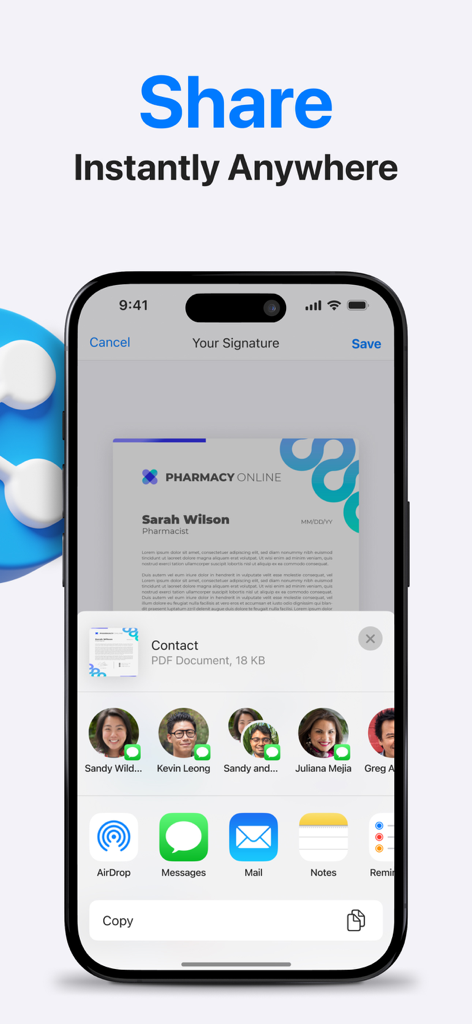 PDF Document Scanner App + - Interfaz que muestra las opciones para compartir documentos en la aplicación PDF Scanner