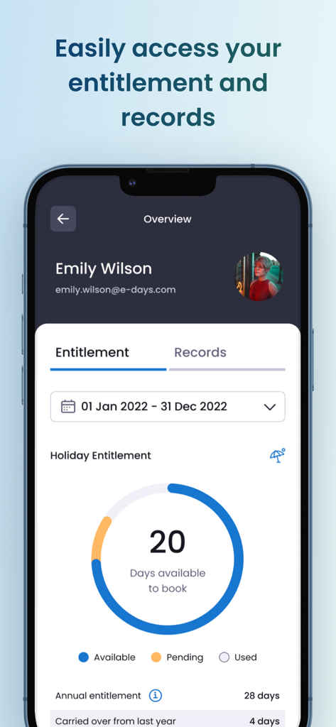 Dashboard of edays app showing holiday entitlement balance and availability.
