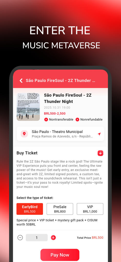 Cisumverse app interface for buying concert tickets and VIP experiences