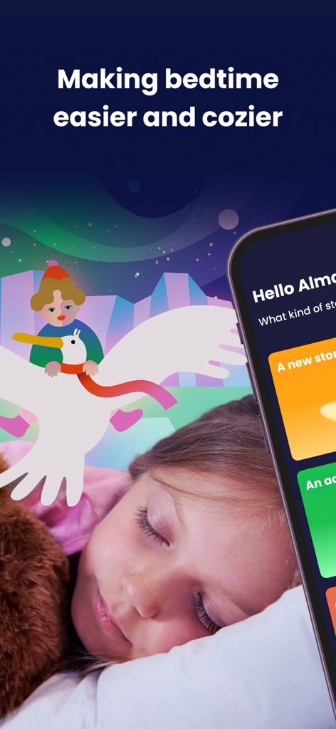 Alma Studio: Listen & Relax - A young child sleeping peacefully with the Alma Studio app interface showing audio story options