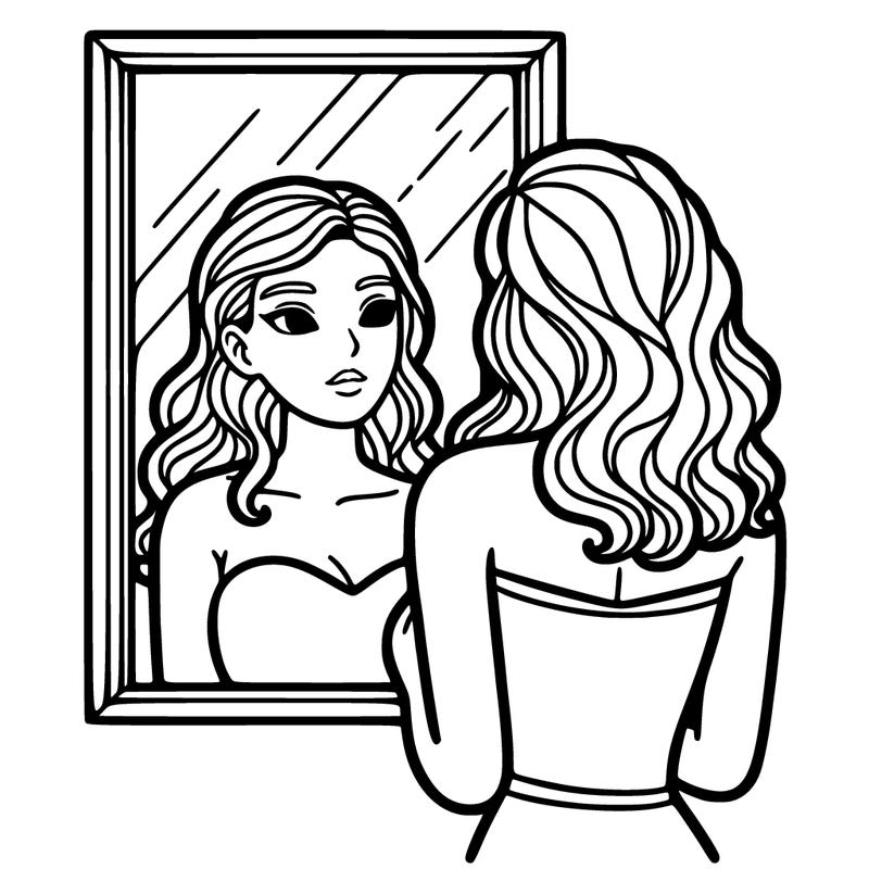 a woman looking at herself in the mirror.