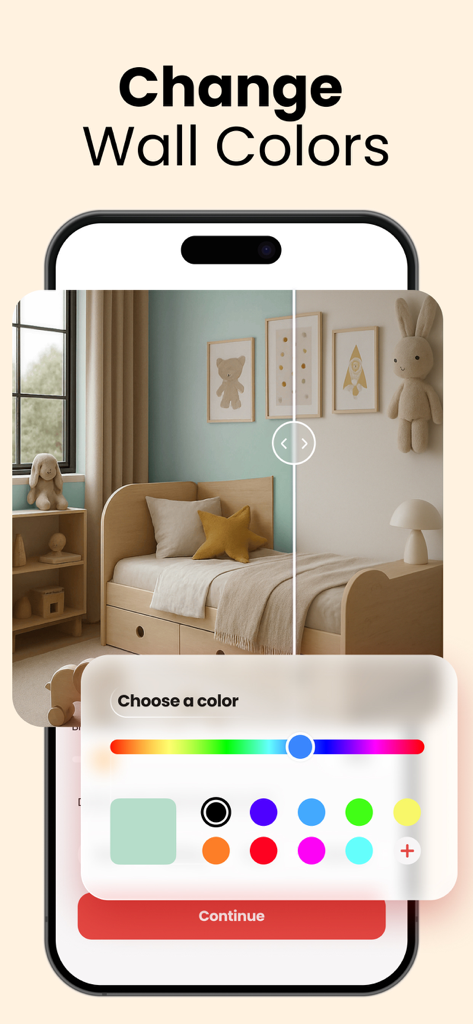 Vista de pantalla dividida de un dormitorio que muestra una comparación de color de pared antes y después utilizando una aplicación de diseño de interiores IA.