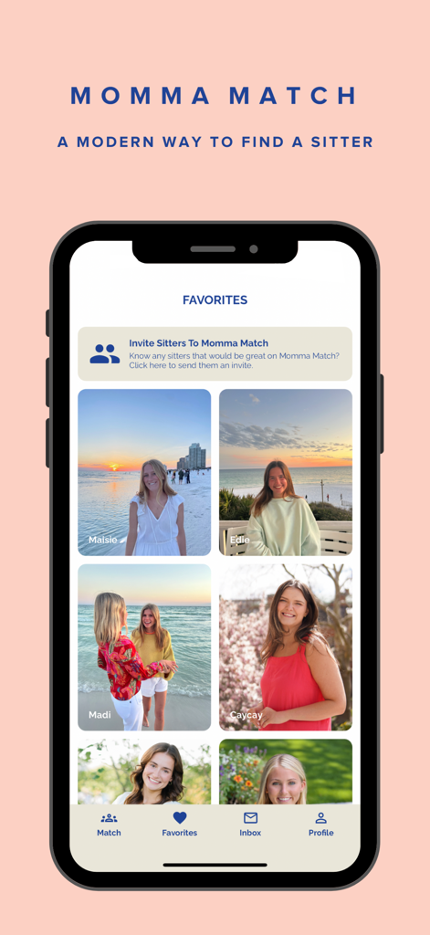 Momma Match app interface showing a curated list of favorite babysitters with photos and names
