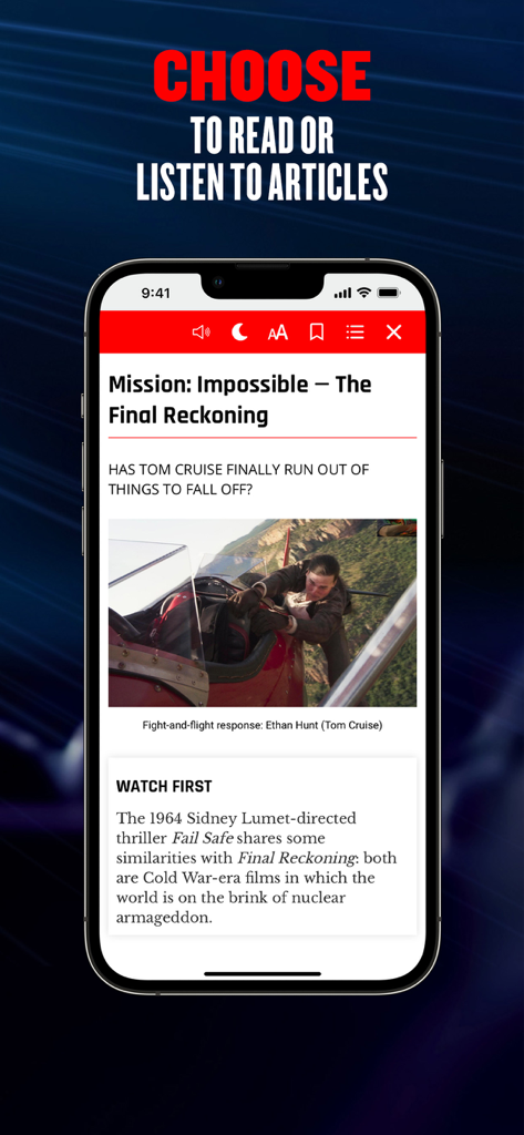 Empire Magazine - Empire Magazine App-Bildschirm, der einen Artikel über Mission Impossible mit Optionen zum Lesen oder Anhören des Inhalts zeigt.