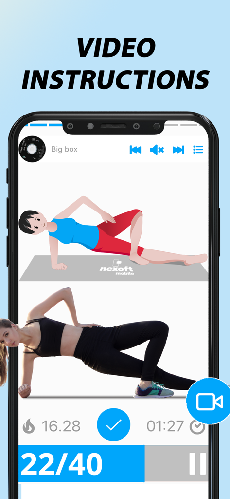 Interfaz de la aplicación móvil que muestra instrucciones en video para un ejercicio de estiramiento de plancha lateral con rastreadores de calorías y tiempo.