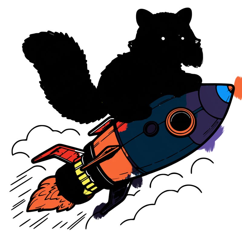 realistic raccoon flying on top rocket ship