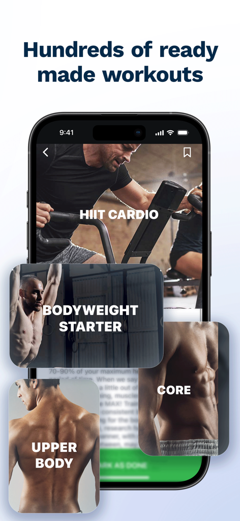 Smartphone-Bildschirm mit verschiedenen Trainingskategorien wie HIIT-Cardio, Körpergewicht und Kernkrafttraining in der Fitness Buddy App