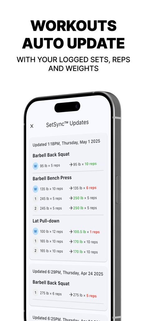 LiftTrack: Strength Training - LiftTrack app screen showing automatic workout updates for sets, reps, and weights