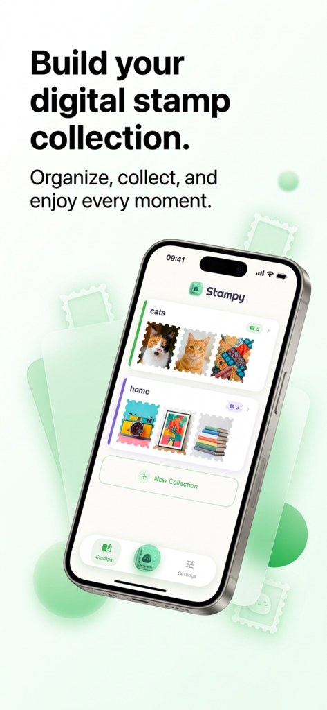 Stampy: Stamp Maker - The Stampy app interface showing a digital stamp collection with cat and home categories