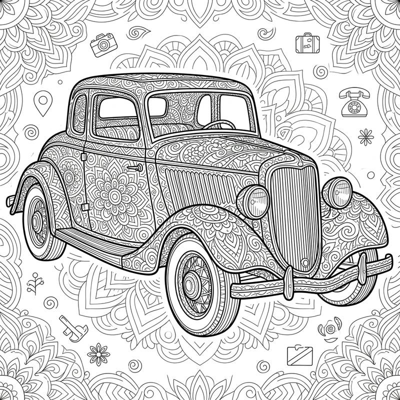 Discover the timeless beauty of a classic car intricately designed with calming Zentangle patterns. This unique coloring page offers a journey into automotive history combined with meditative artistry.