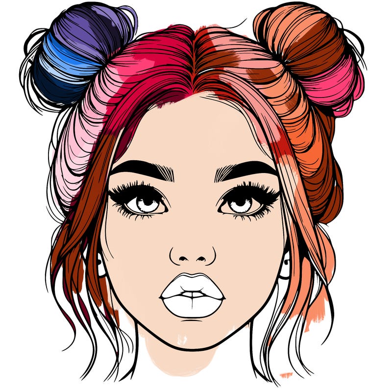 realistic girl with two buns on her hair and lips