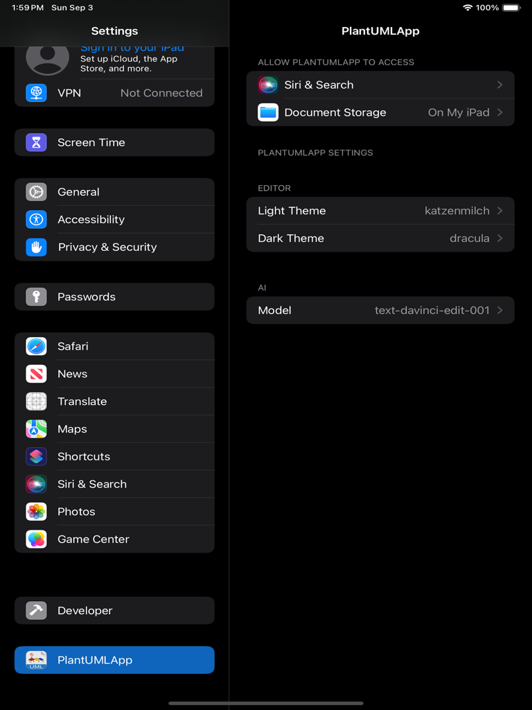 PlantUML App - Pantalla de configuración de PlantUML App en iPad que muestra las opciones de configuración para temas del editor y modelos de IA.