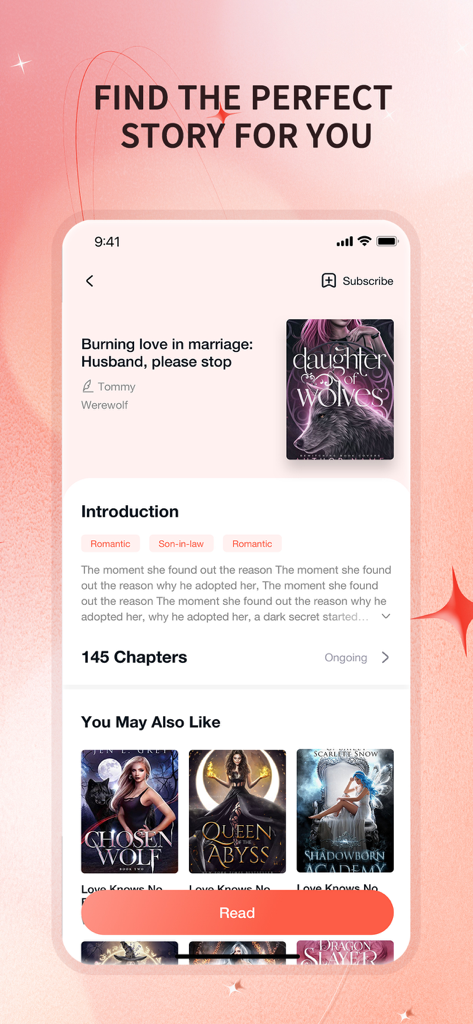 Literie - Literieアプリの画面に、ジャンルタグと似た狼男とファンタジー小説の推薦が表示されたロマンス小説の説明が表示されている