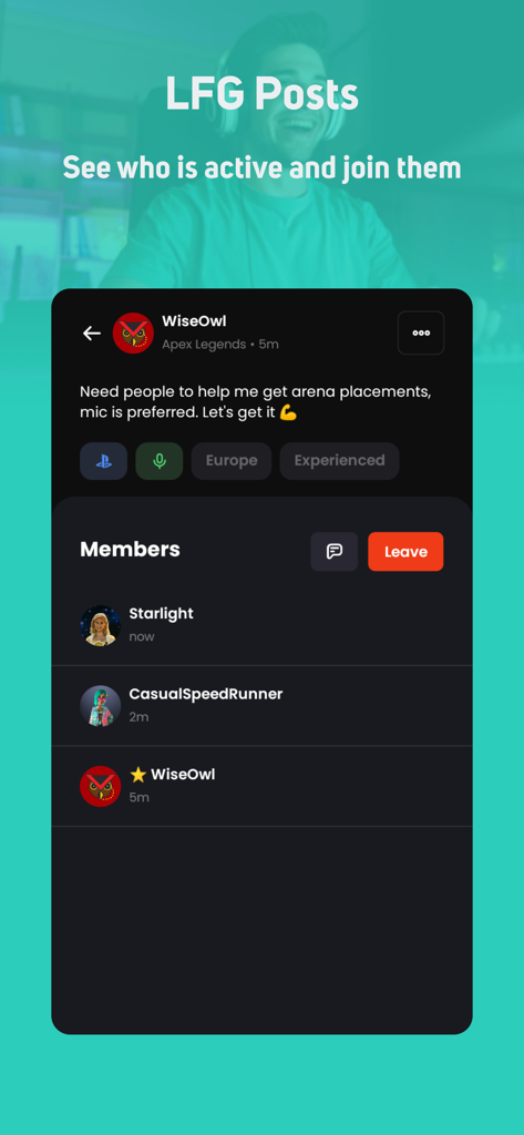Interfaz de la aplicación GamerLink que muestra una publicación de búsqueda de grupo para compañeros de Apex Legends