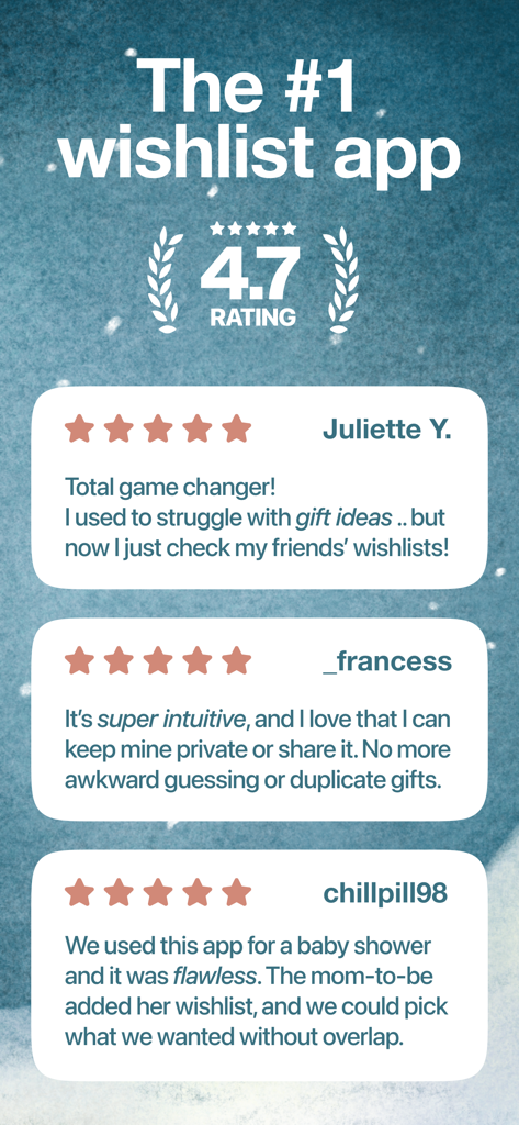 Testimonials and 4.7 star rating for the Wishlists online wishlist app highlighting social gift sharing and event coordination