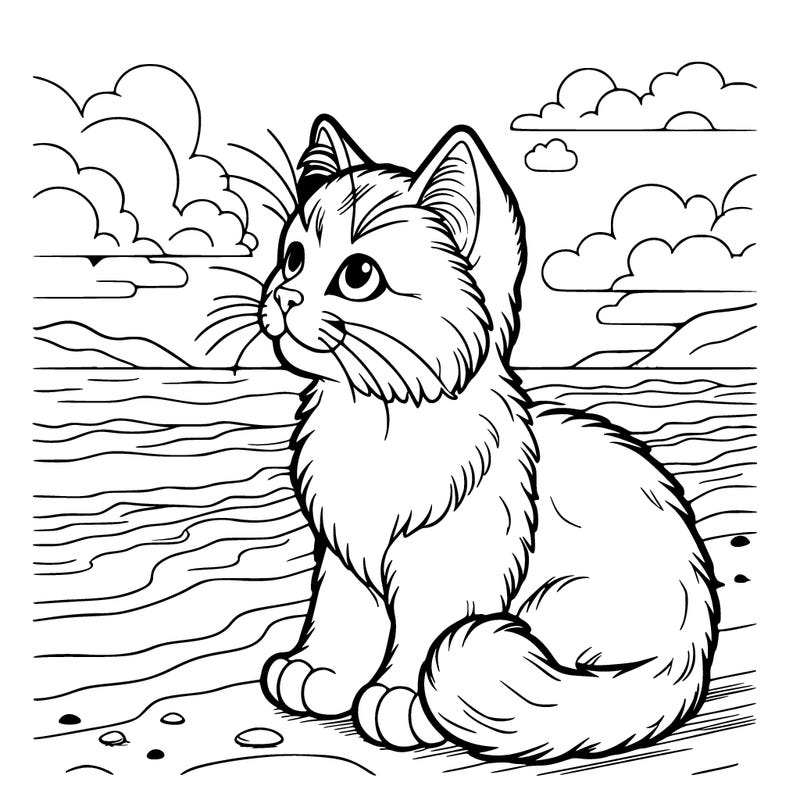 a realistic cat at the beach looking into the sky