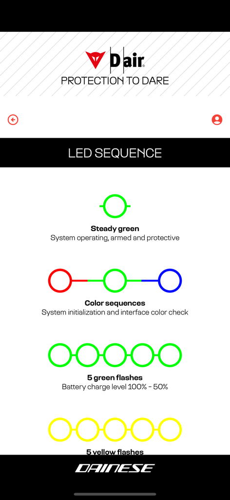 Dainese D-air ® - Dainese D-air App Bildschirm, der LED-Sequenzen für Gerätestatus und Akkustände erklärt.