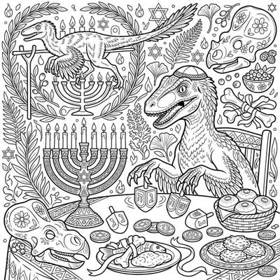 Get ready for a Hanukkah celebration like no other with our unique Velociraptor coloring page. This intricate design brings together prehistoric fun and traditional holiday joy, perfect for all ages.