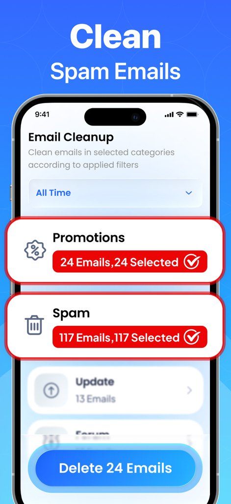 AI Storage Optimizer App - Interfaz móvil para eliminar correos electrónicos promocionales y de spam para ahorrar almacenamiento