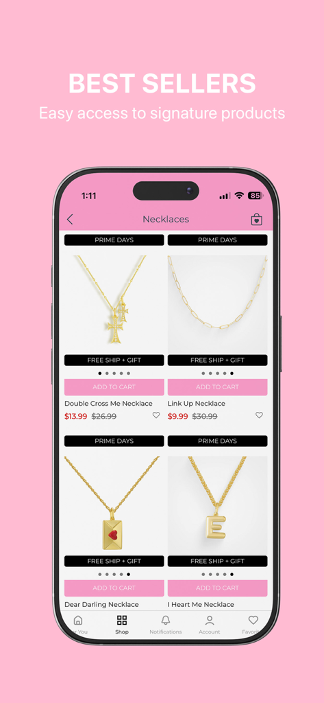 Una schermata mobile dall'app Evry Jewels che mostra una collezione di collane dorate di tendenza sotto un'intestazione 'I più venduti' con prezzi scontati.