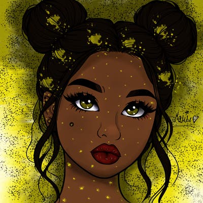 realistic girl with two buns on her hair and lips