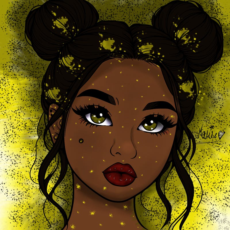 realistic girl with two buns on her hair and lips