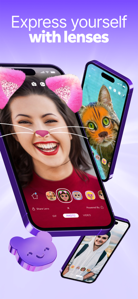 Screenshots der Rakuten Viber Messenger App, die verschiedene AR-Linsen und Gesichtsfilter für ausdrucksstarke Kommunikation zeigen