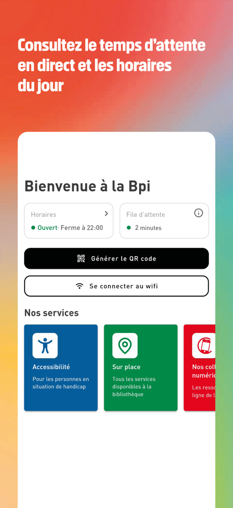Bpi Lumière - Bpi Lumiere mobile app interface displaying real-time library waiting times and opening hours.