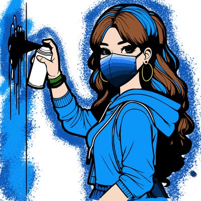 realistic girl with mask spray painting a wall