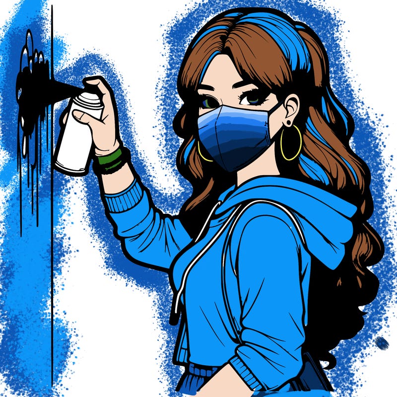 realistic girl with mask spray painting a wall