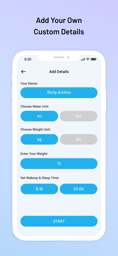 Water Reminder : Aqualert - Pantalla de configuración en la aplicación Aqualert donde los usuarios pueden personalizar el nombre, las unidades de agua y peso, y establecer los horarios de despertarse y dormirse