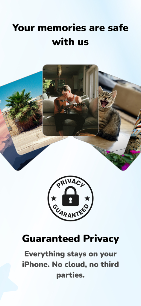 Favvy app screenshot highlighting privacy guarantee and local on-device photo storage