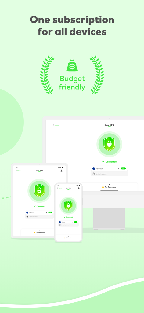 SureVPN: Fast & Secure VPN - SureVPN app interface on iPhone iPad and Mac showing one subscription for all devices