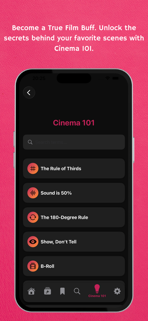 YesMovies : Vanta AI & movies - Cinema 101 screen in the YesMovies app showcasing film techniques and trivia for movie fans