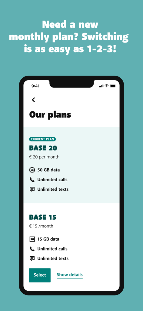 My BASE - Interface de l'application My BASE présentant les différentes options de forfaits mobiles pour les données et les appels.