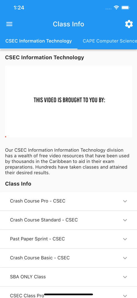 LearnIT by makeITsimpleTT - Interface of LearnIT app showing CSEC Information Technology class information and course listings