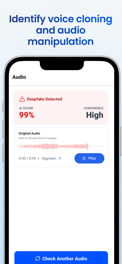 TruthScan app interface showing a 99 percent AI score for deepfake audio and voice cloning detection