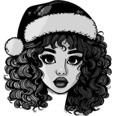 realistic girl with a santa hat curly hair and lips