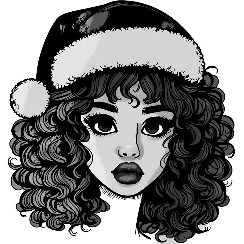 realistic girl with a santa hat curly hair and lips
