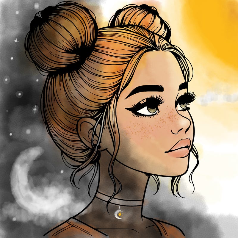 realistic girl with buns on the top of her head