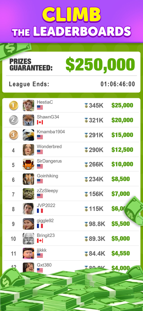 Dominos Cash - Win Real Prizes - A leaderboard in the Dominos Cash app showing players ranking for cash prizes with a total prize pool of two hundred fifty thousand dollars
