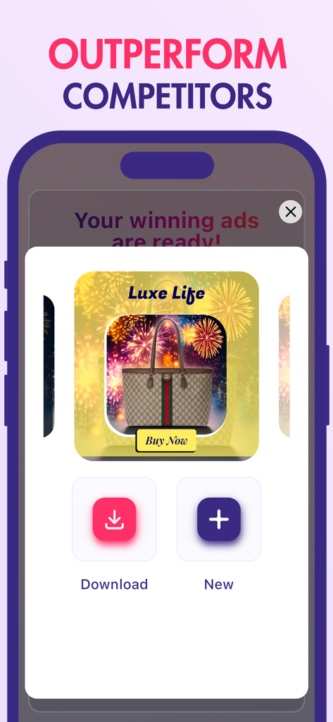 Ad Creative AI - Smartphone app screen showing an AI-generated luxury handbag advertisement with buttons to download or create new ads.